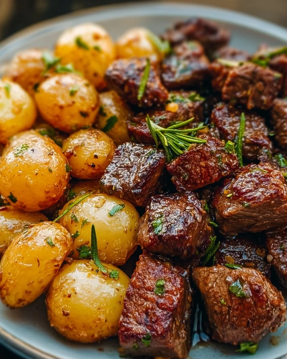 Garlic Butter Steak Bites cooked with tender potatoes and herbs