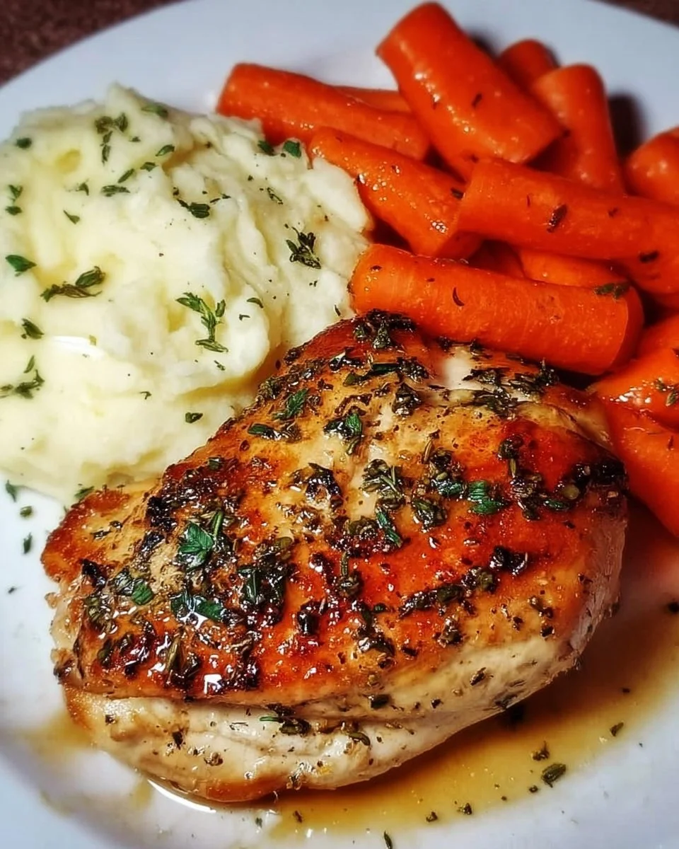Garlic Herb Chicken with creamy mashed potatoes and glazed carrots on a plate.