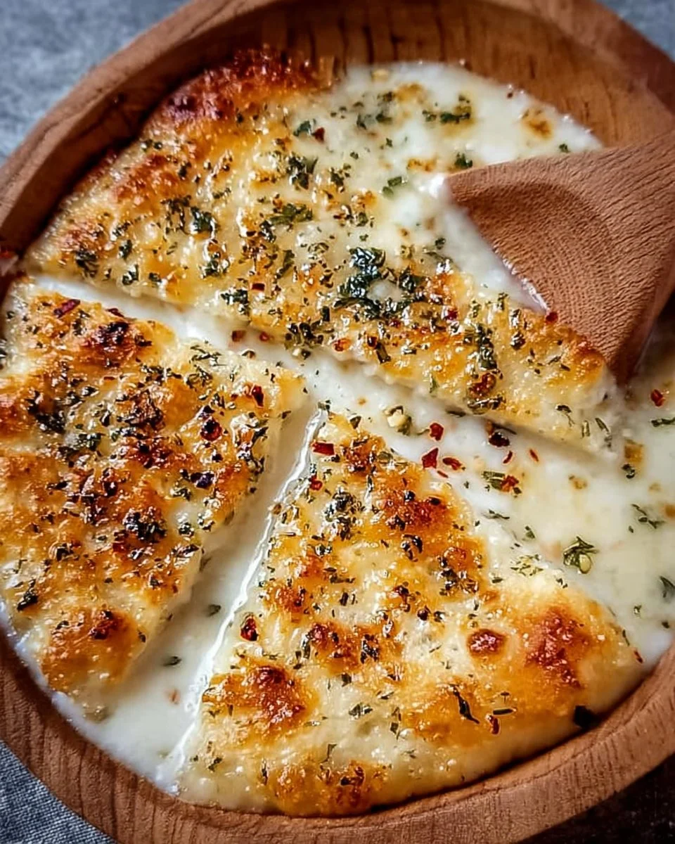 Delicious homemade Garlic Sauce for Pizza drizzled on a cheesy slice.