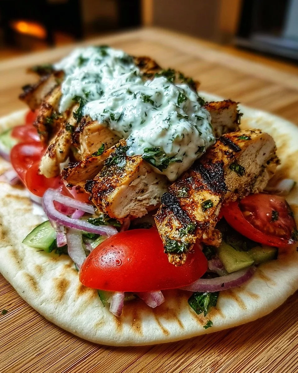 Delicious Greek chicken gyros with lemon-herb marinade and tzatziki sauce
