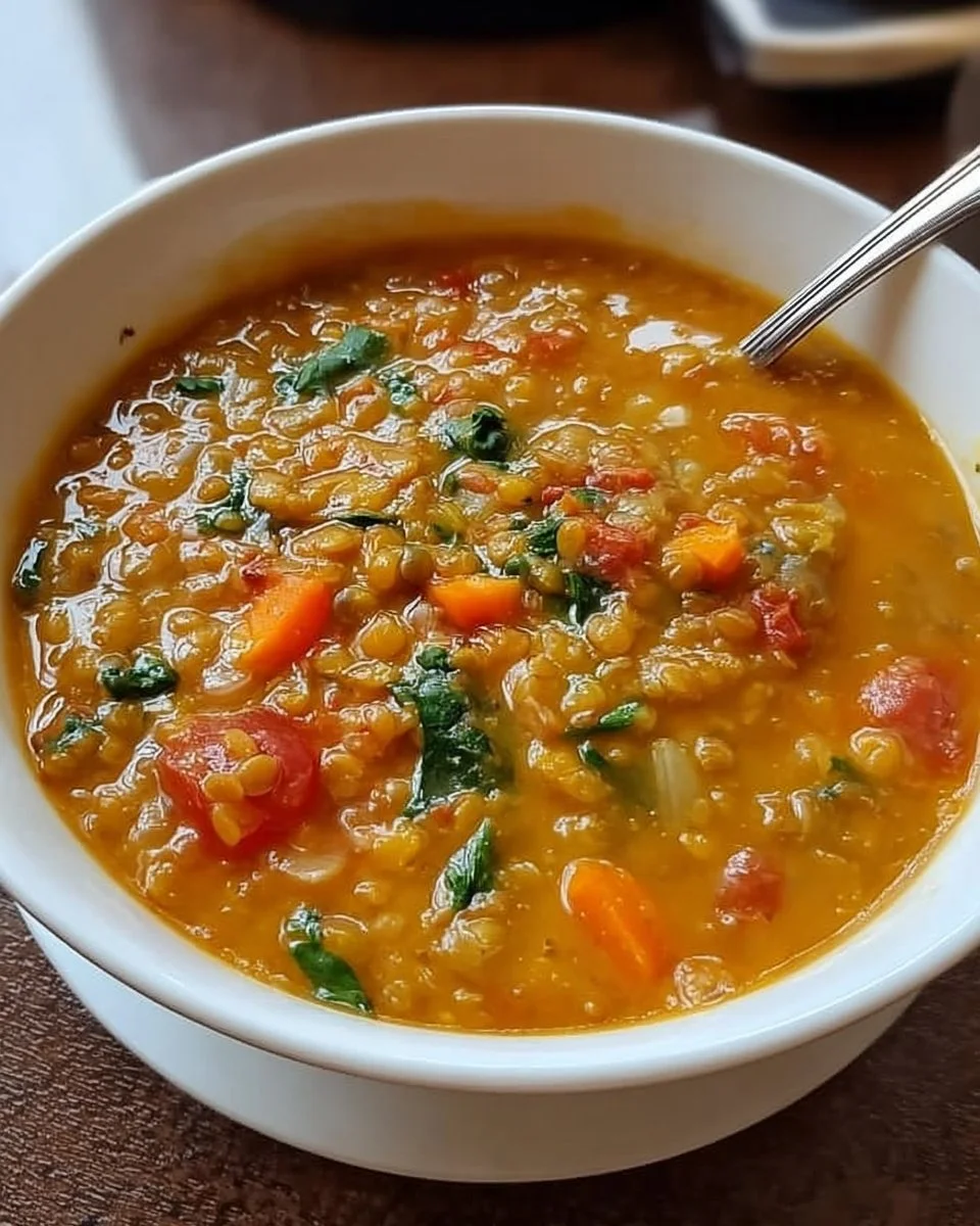 Bowl of hearty vegetarian lentil soup with fresh ingredients and herbs