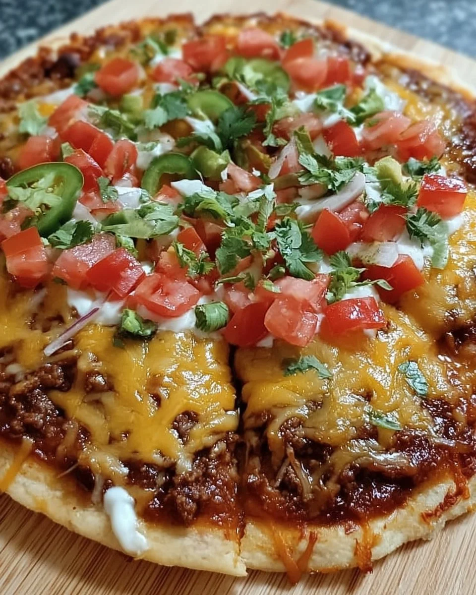 Delicious homemade Mexican pizza topped with fresh ingredients and cheese.