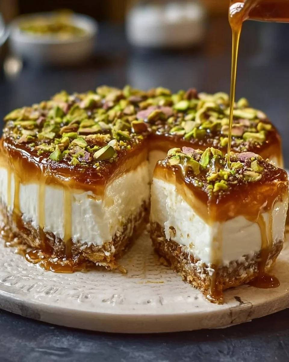 Honey Pistachio Baklava Cheesecake slice on a plate