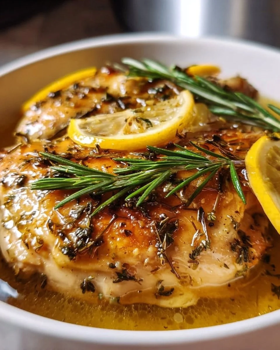 Delicious Instant Pot lemon chicken served on a plate with herbs and lemon slices.