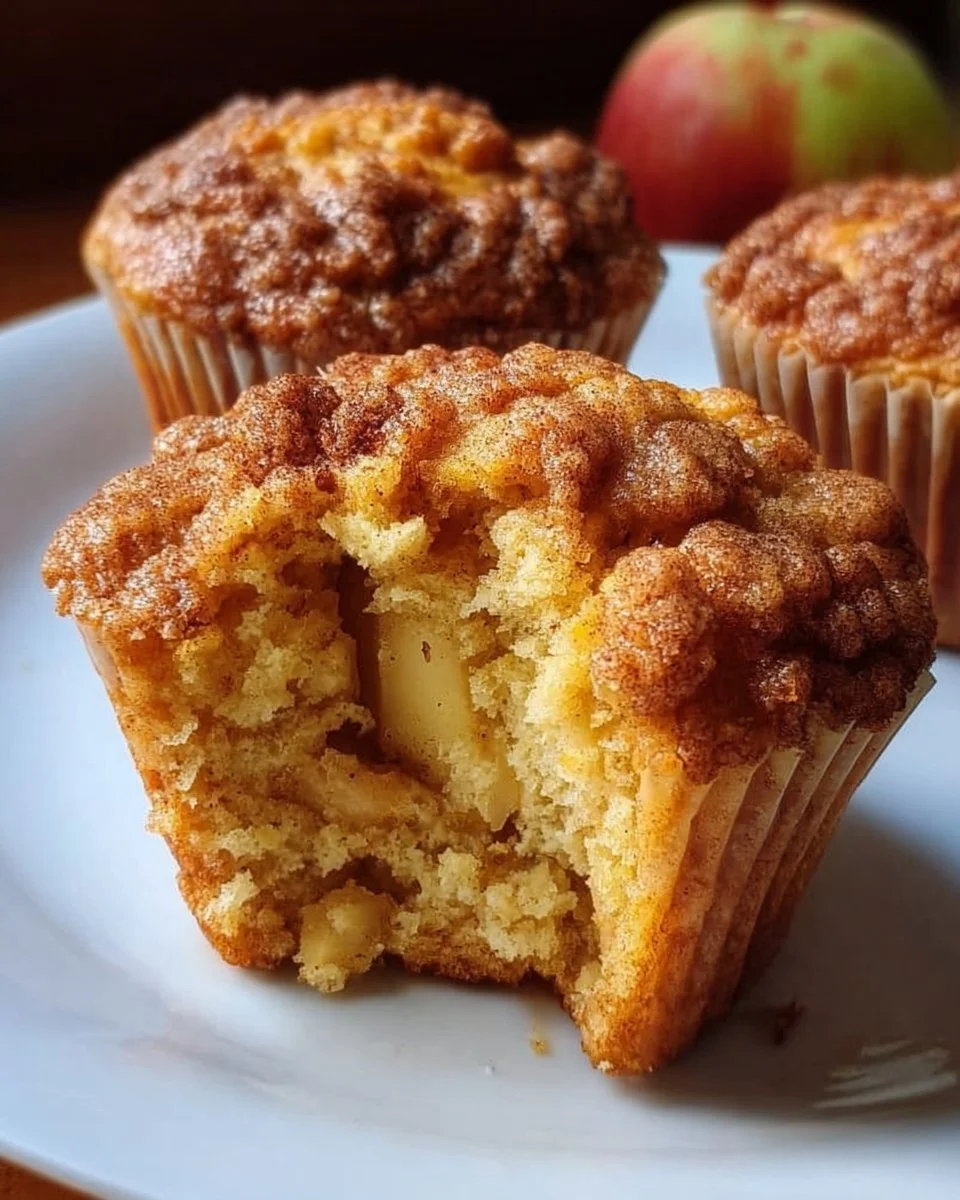 Freshly baked apple cinnamon muffins with a golden crust and apple chunks