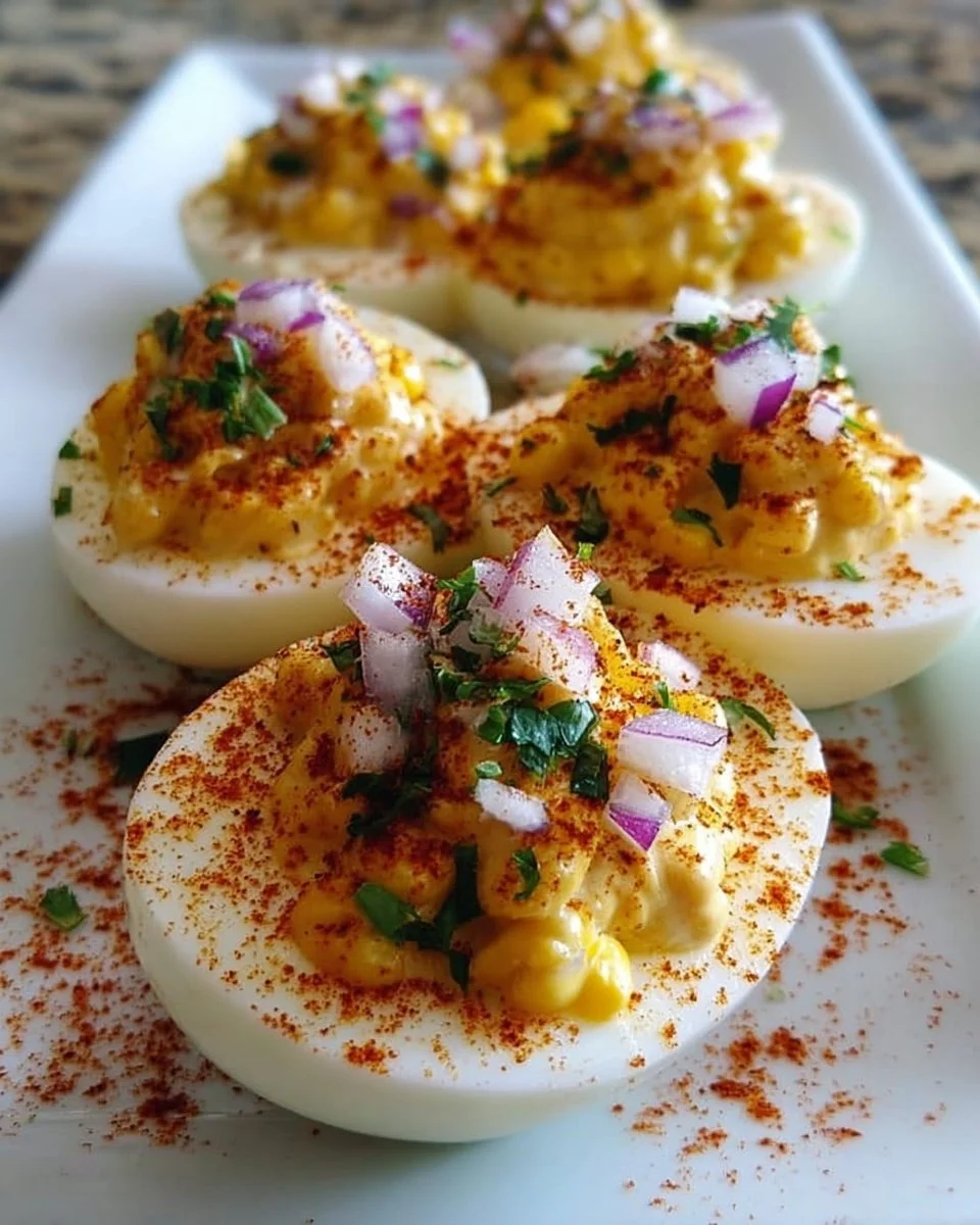 Delicious elote deviled eggs with chipotle mayo topping on a decorative plate.