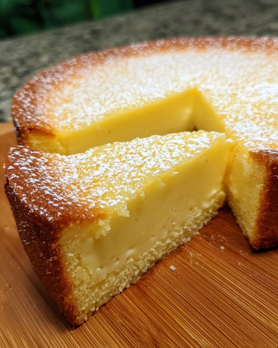 Slice of Italian Grandma’s Lemon Custard Cake with lemon zest garnish