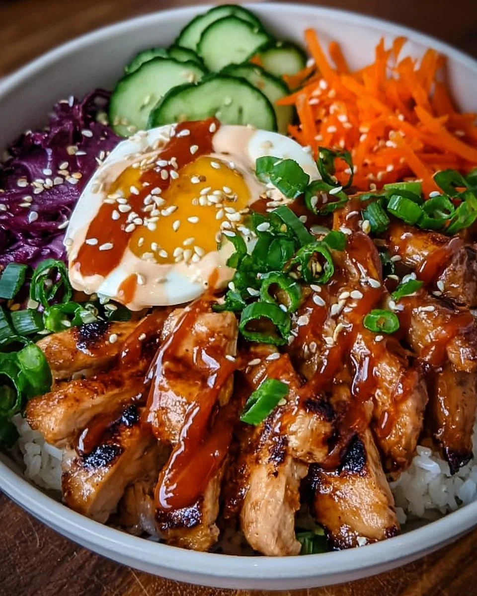 Korean BBQ Chicken Bowls topped with Gochujang Cream Sauce