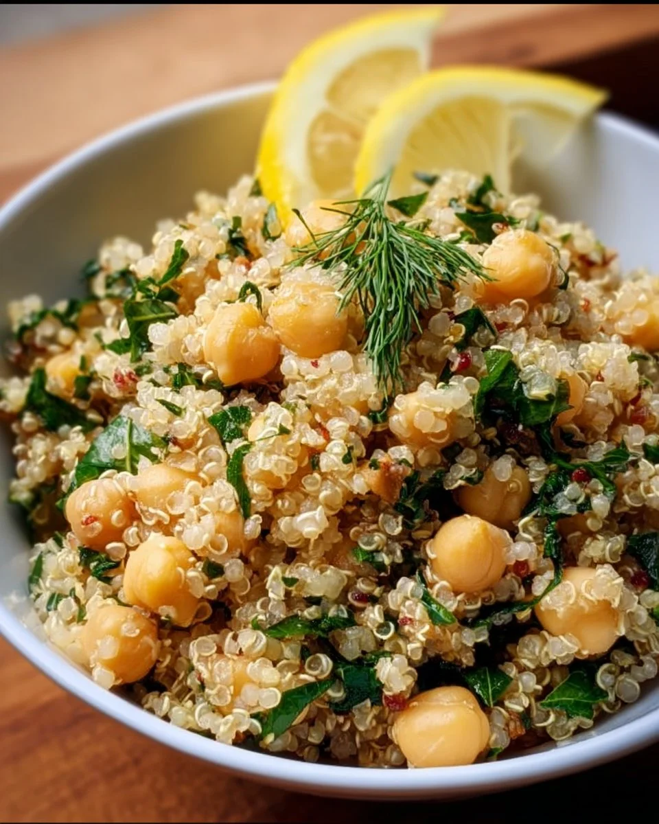 Lemon Herb Quinoa with Chickpeas garnished with herbs and lemon slices