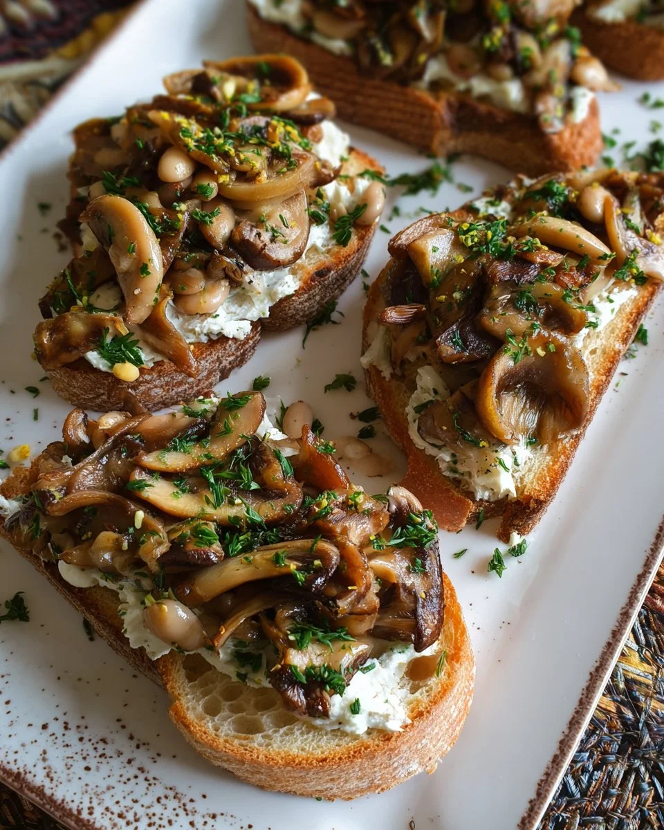 Lemony Mushroom Mascarpone Toast with Beans and Herbs served on a plate