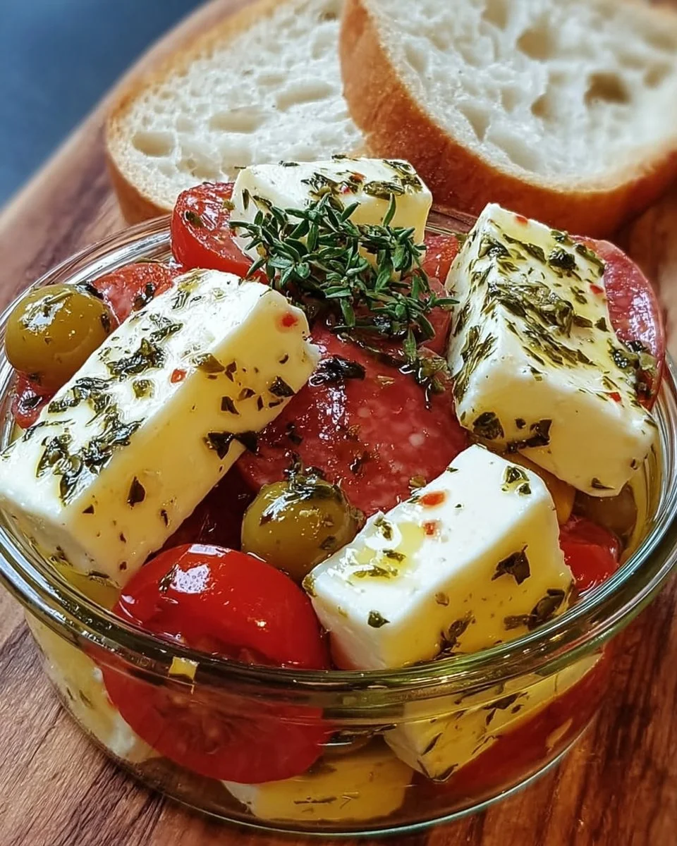 Delicious marinated cheese platter with herbs and spices for appetizers