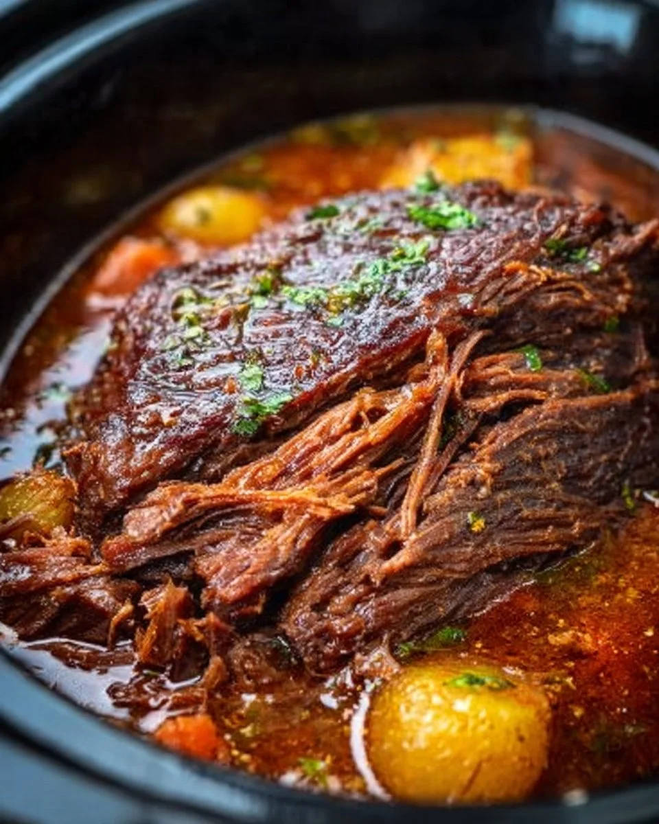 Melt-in-your-mouth pot roast cooked in a slow cooker, ready to serve.