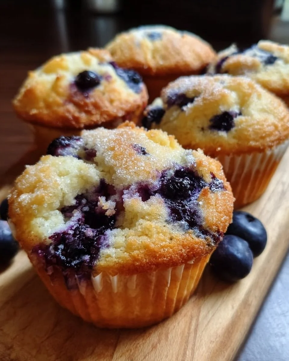 Moist vegan blueberry muffins fresh out of the oven on a wooden table