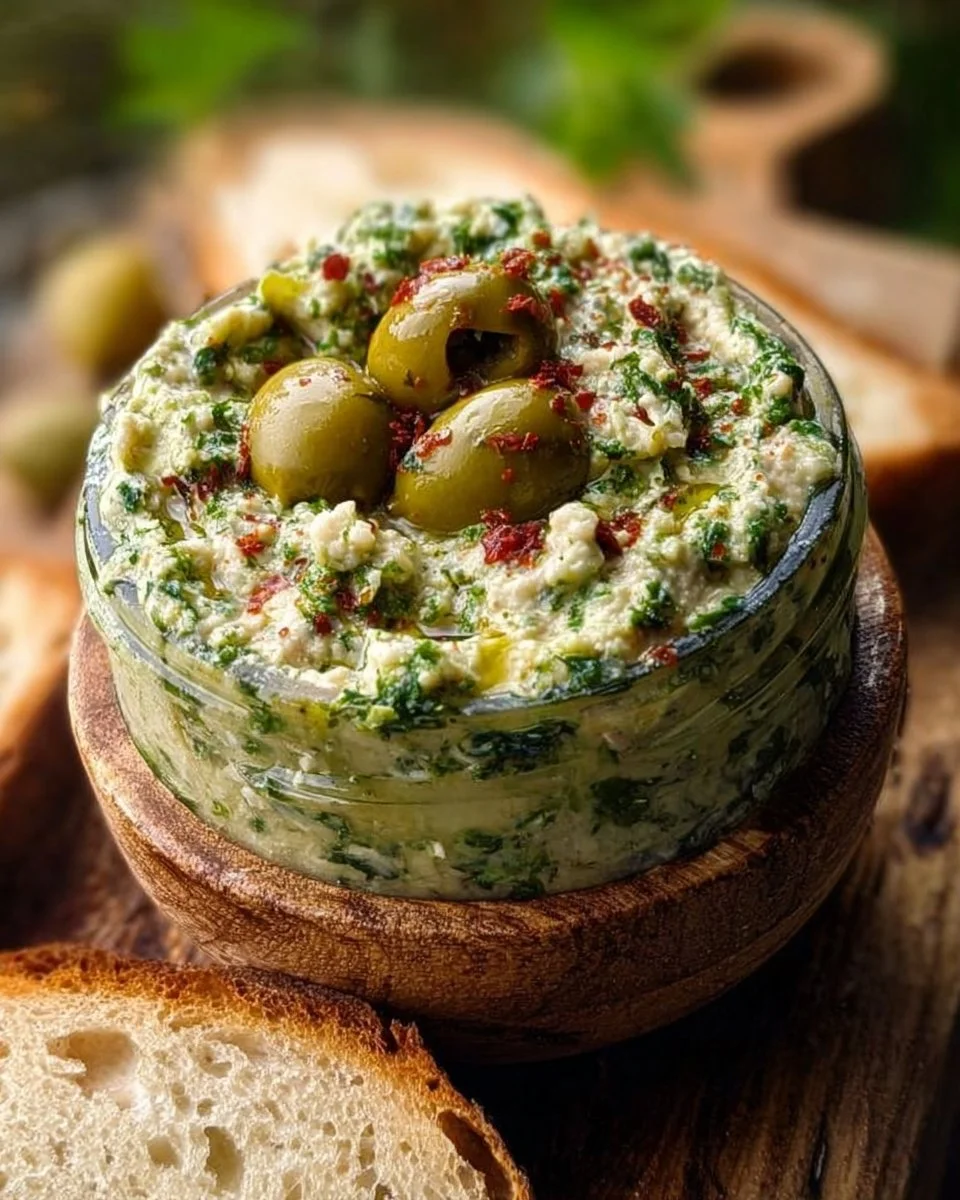 Olive Lovers' Dream Dip served in a bowl with fresh ingredients