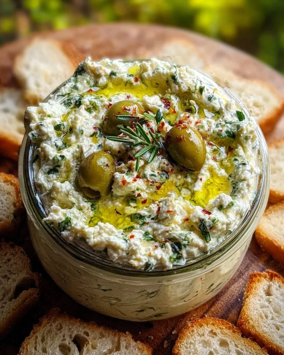Creamy feta and green olive spread served as an olive dip