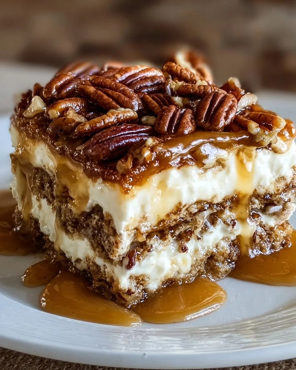 Delicious pecan pie lasagna with layers of rich flavor and creamy texture