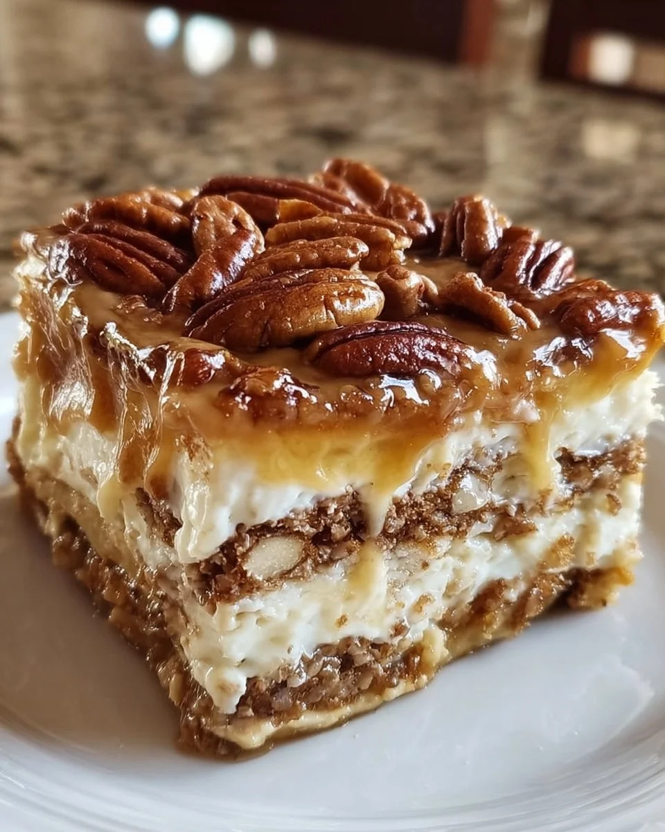 Delicious pecan pie lasagna with layered caramel and nut toppings