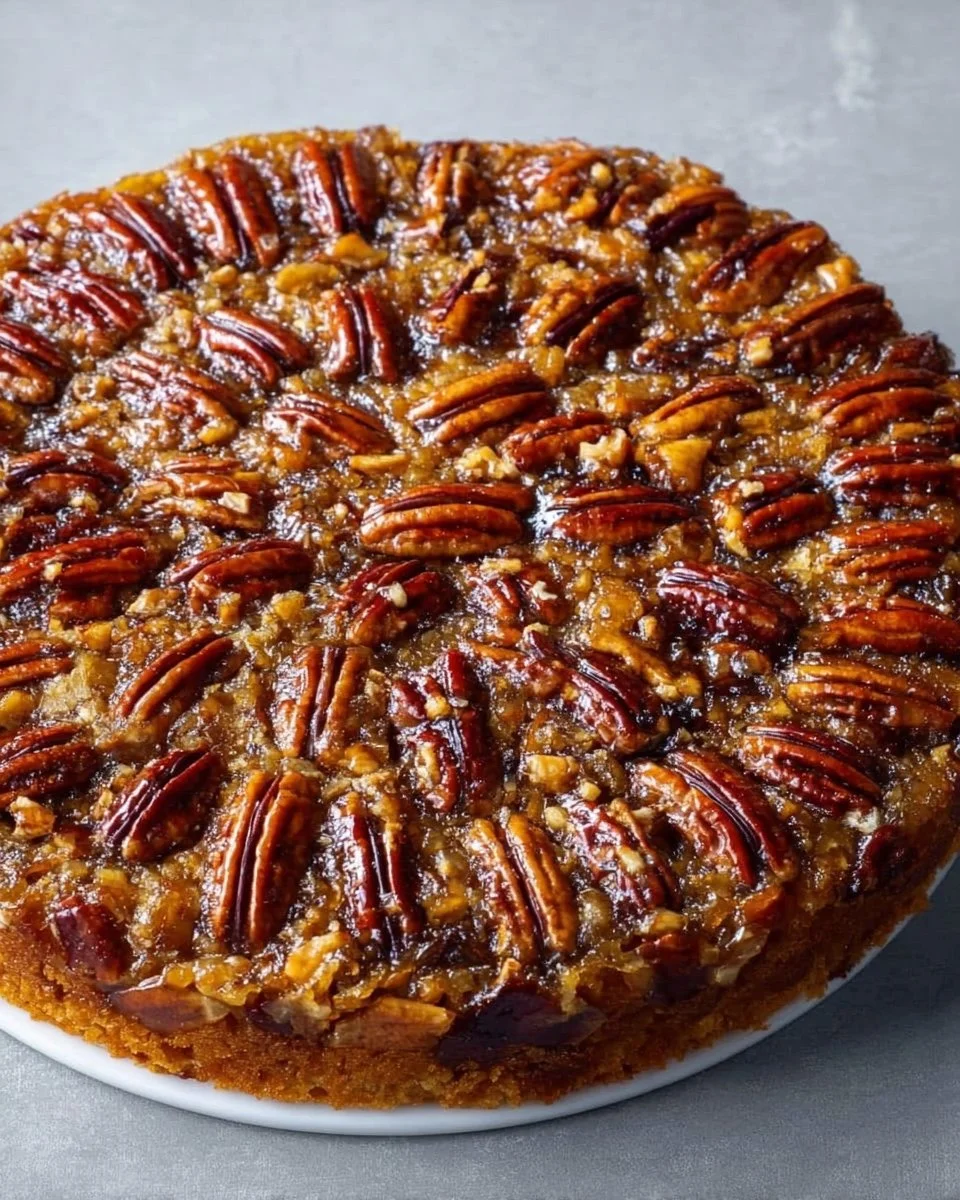 Pecan Upside-Down Cake with caramelized pecans and a soft texture