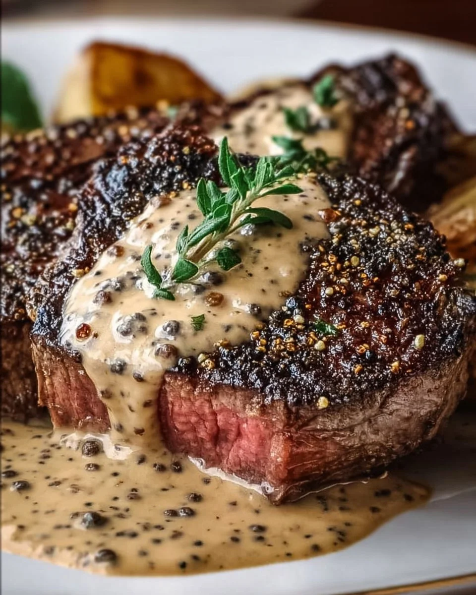 Delicious peppercorn crusted steak served with creamy peppercorn sauce