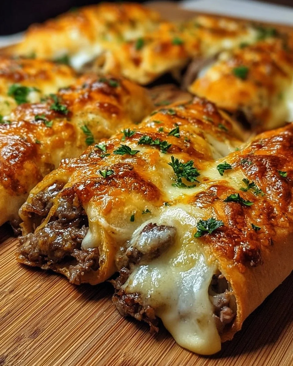 Philly Cheesesteak Stuffed Cheesy Breadsticks on a wooden board