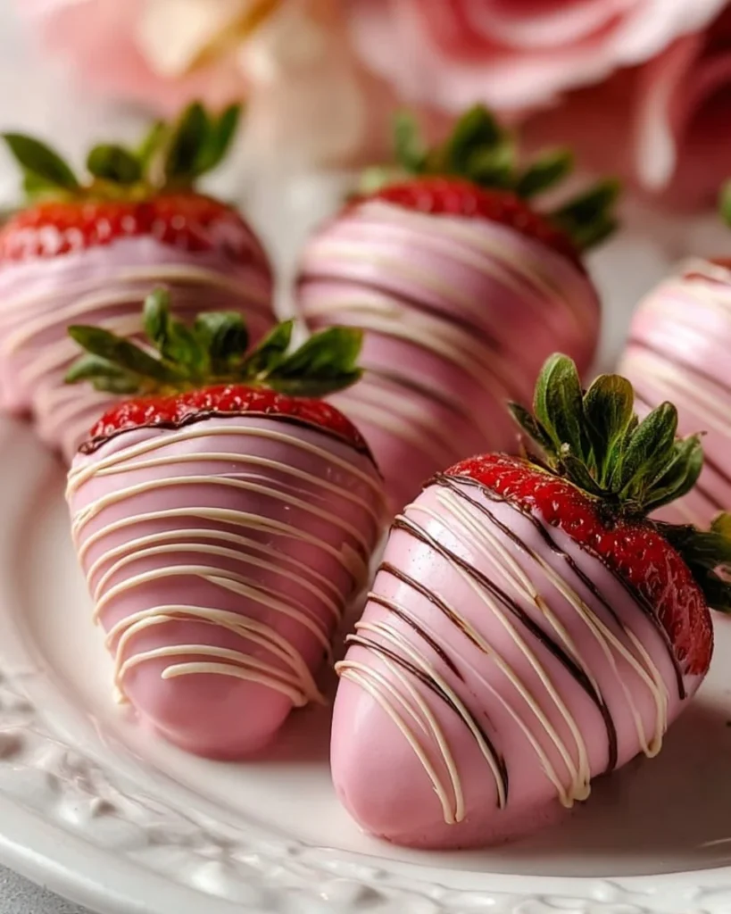 Pink chocolate covered strawberries elegantly arranged on a plate.