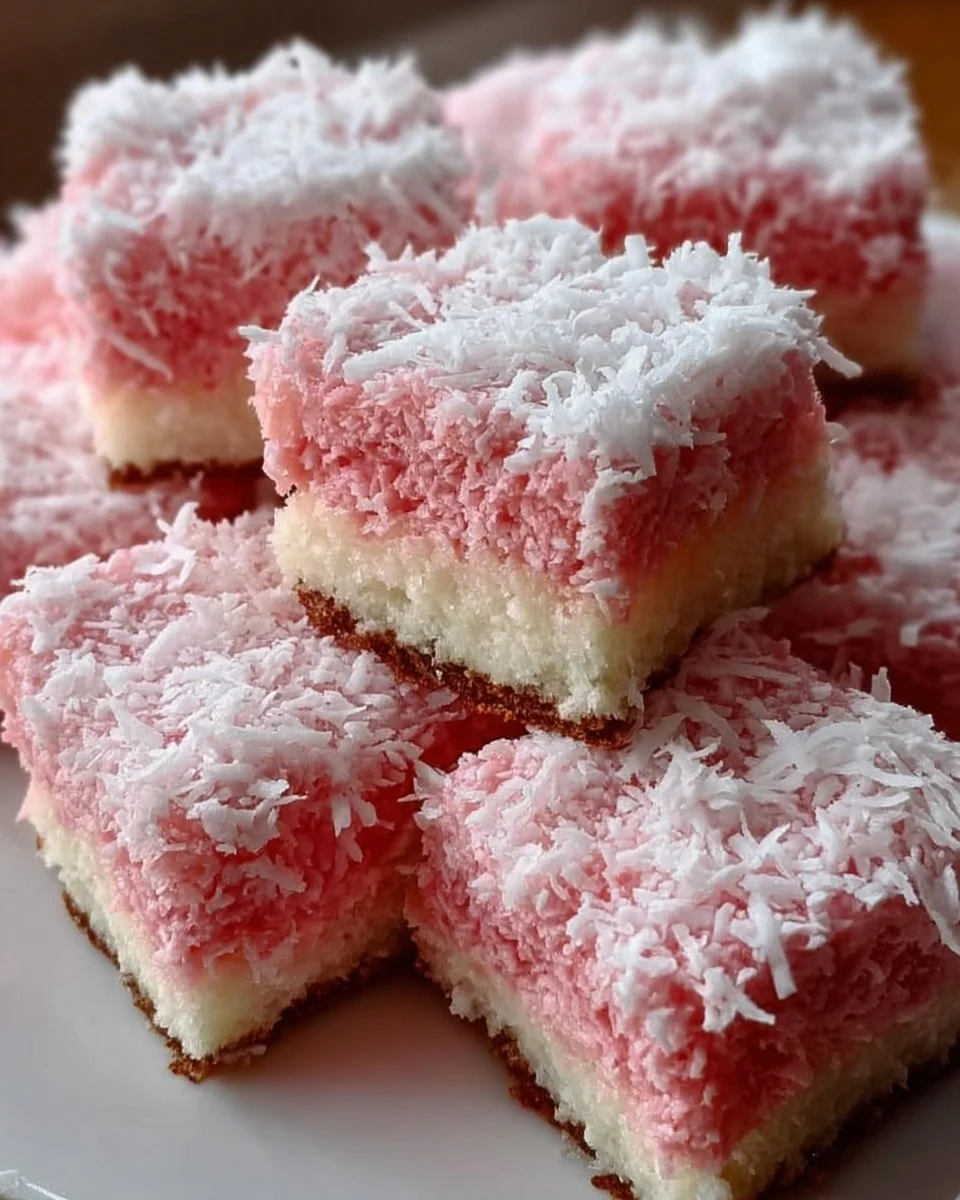 Pink Coconut Snowball Cake Bars topped with coconut flakes on a white plate.