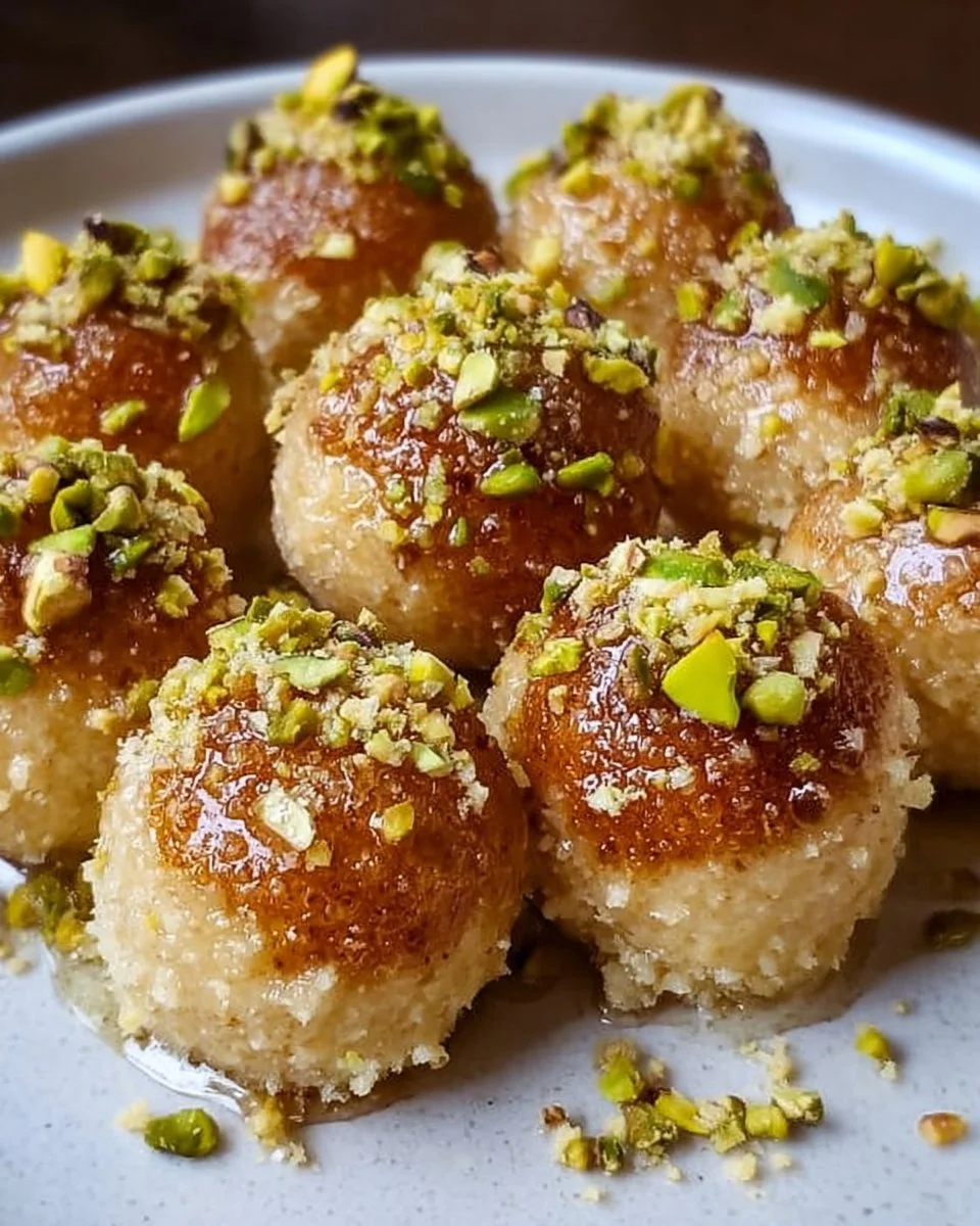 Delicious Ricotta Pistachio Bites topped with honey on a white plate.