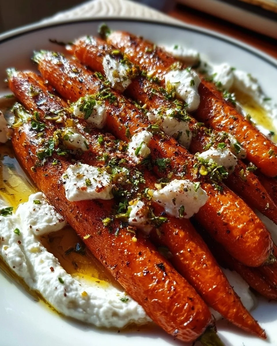 Plate of roasted carrots with whipped ricotta and hot honey drizzle