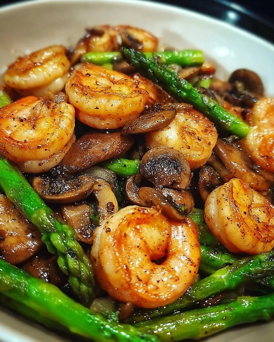 Shrimp stir-fry with asparagus and mushrooms in a colorful dish