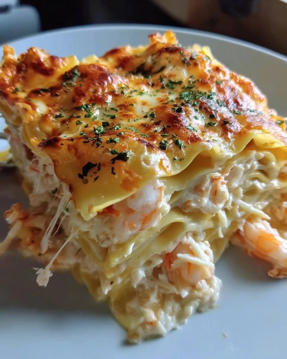 Delicious Shrimp Crab Lasagna with seafood layers and creamy sauce