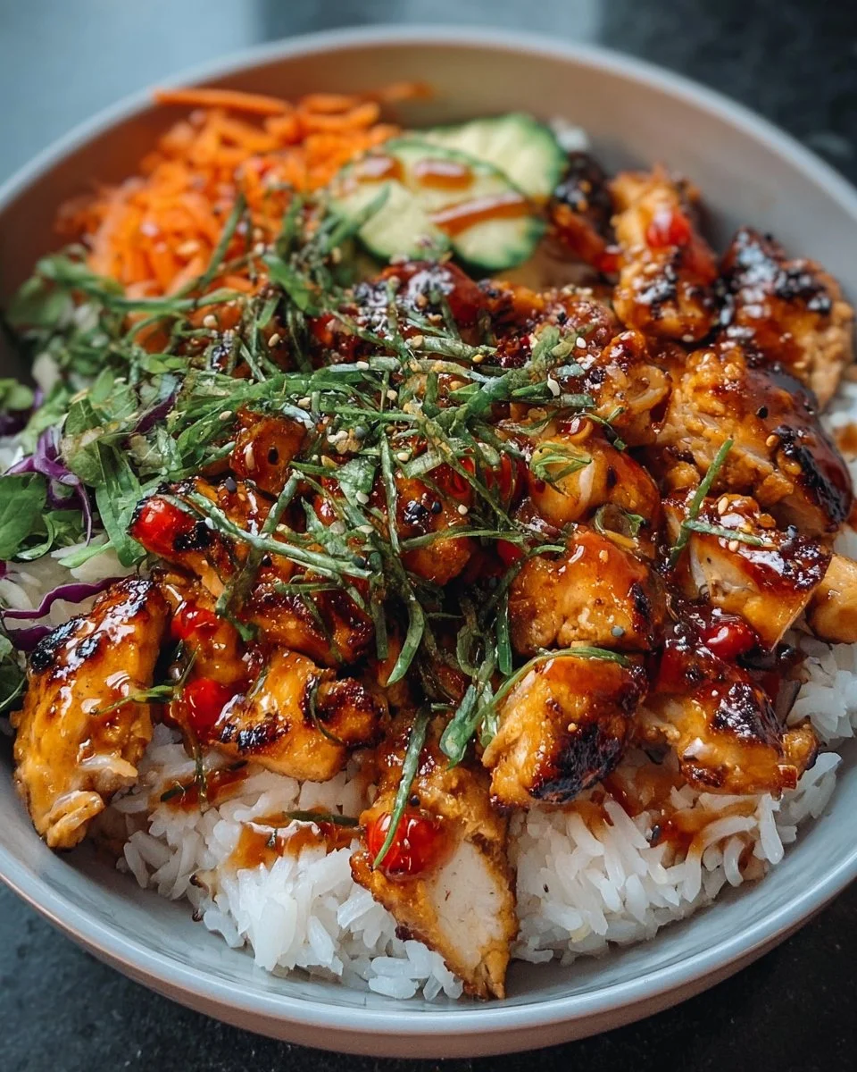 A delicious plate of spicy maple chicken served with coconut rice.