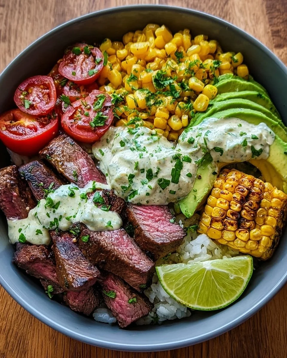 Steak bowl with avocado, roasted corn, and cilantro cream sauce