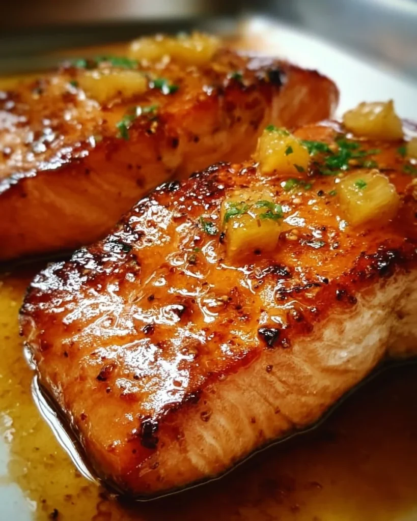 Delicious Honey Pineapple Salmon dish garnished with fresh herbs and pineapple slices.