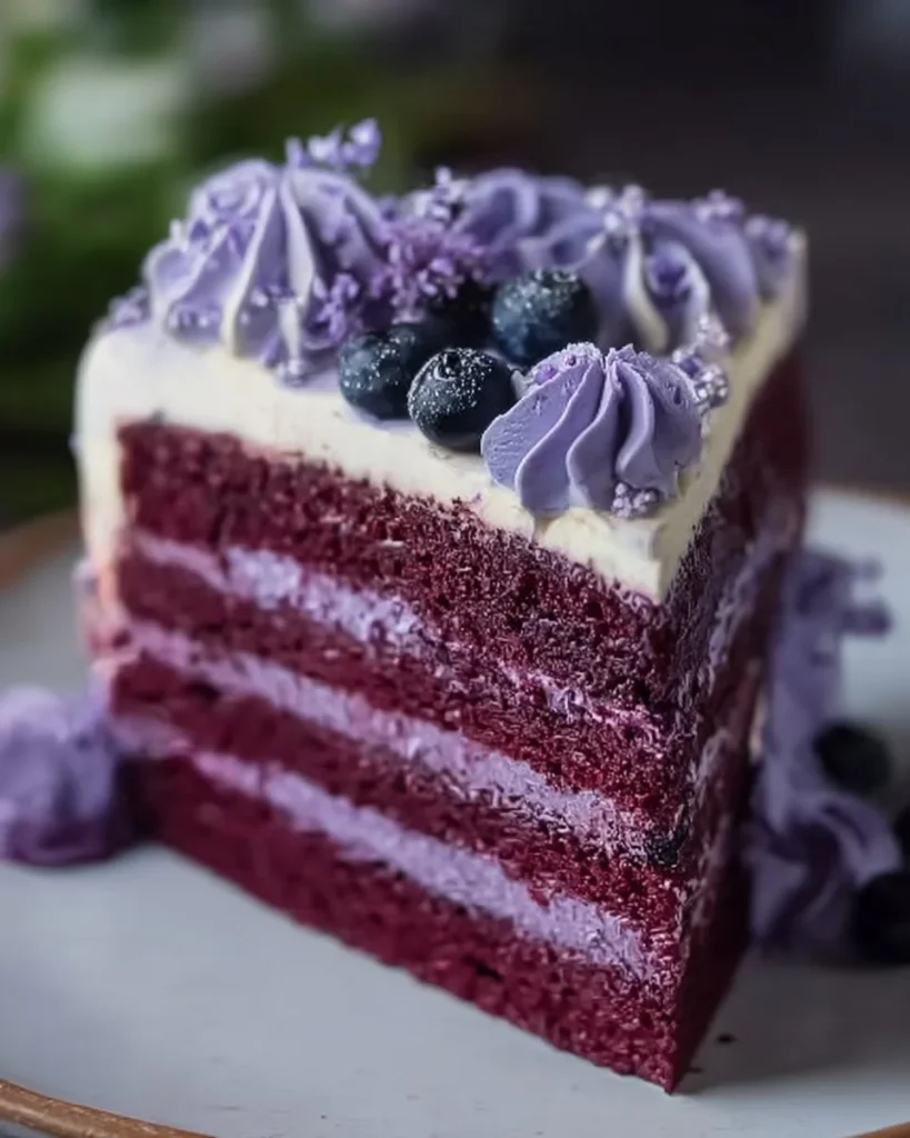 Delicious blueberry velvet cake topped with fresh blueberries and cream cheese frosting.