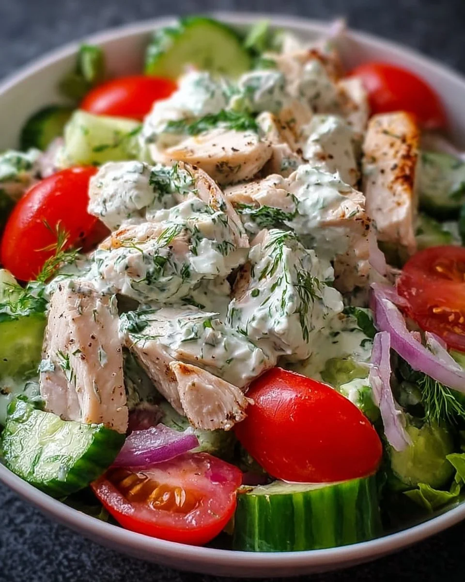 Delicious Tzatziki Chicken Salad in a bowl with fresh vegetables