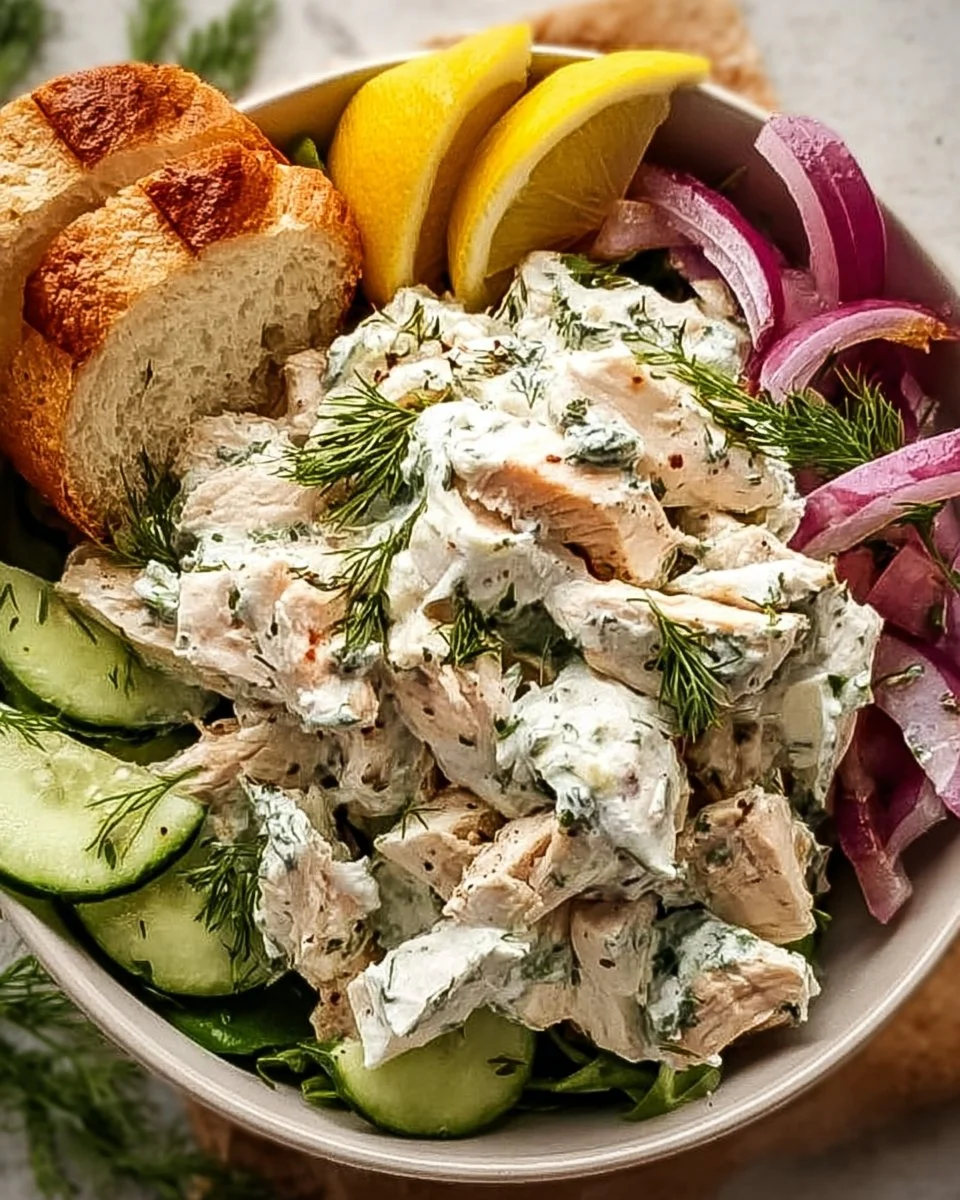 Delicious Tzatziki Chicken Salad with yogurt, chicken, and fresh vegetables