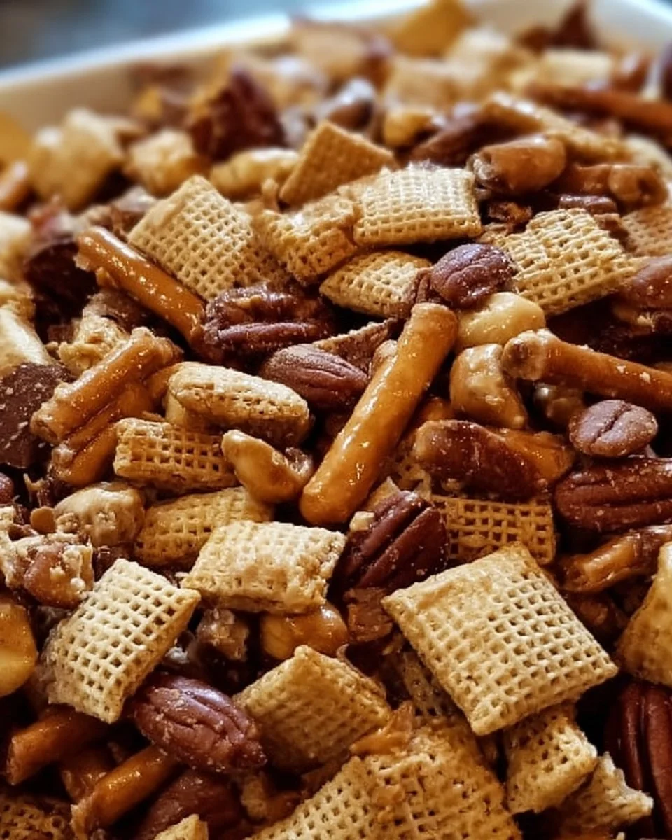 Delicious bowl of addicting toffee Chex mix with crunchy snacks and toffee coating