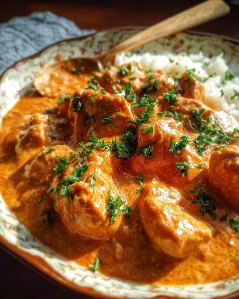 Plate of authentic Chicken Paprikash garnished with paprika and fresh herbs