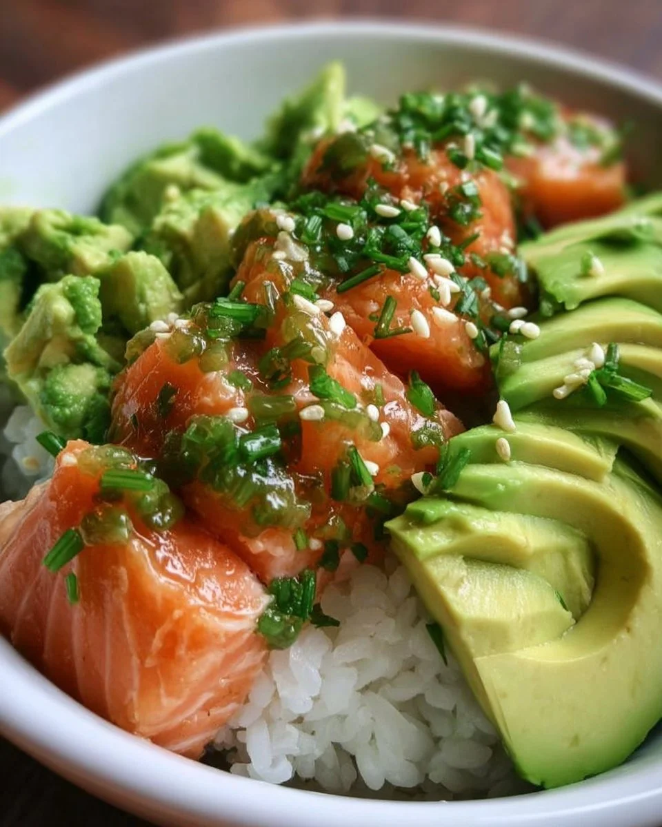 Delicious Avocado Salmon Rice Bowl with fresh ingredients and vibrant colors