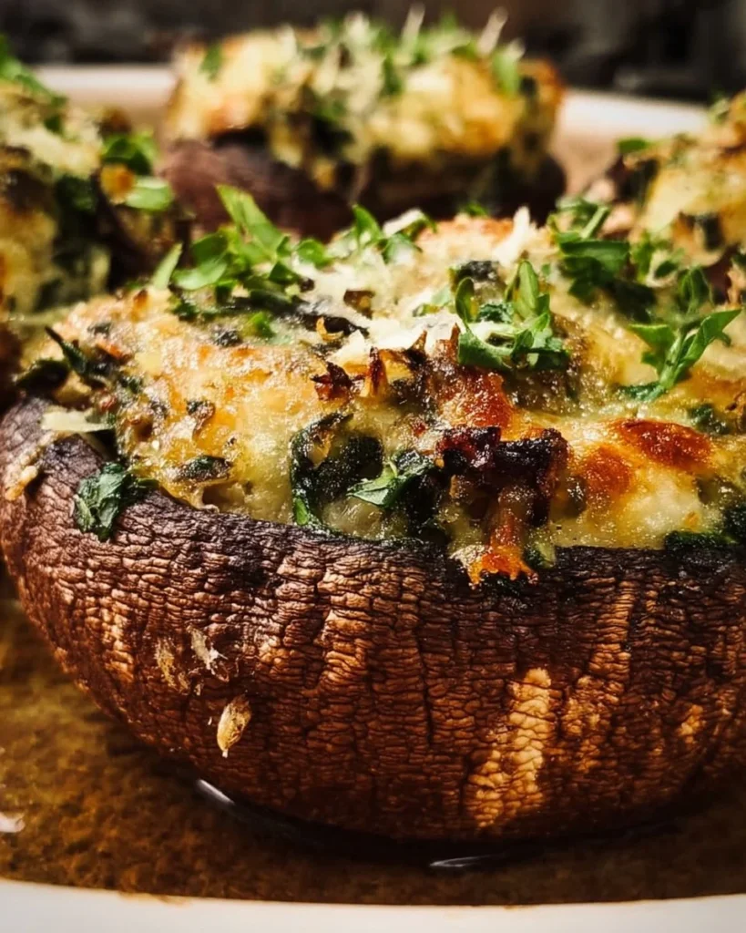Baked stuffed portobellos with a flavorful filling on a plate