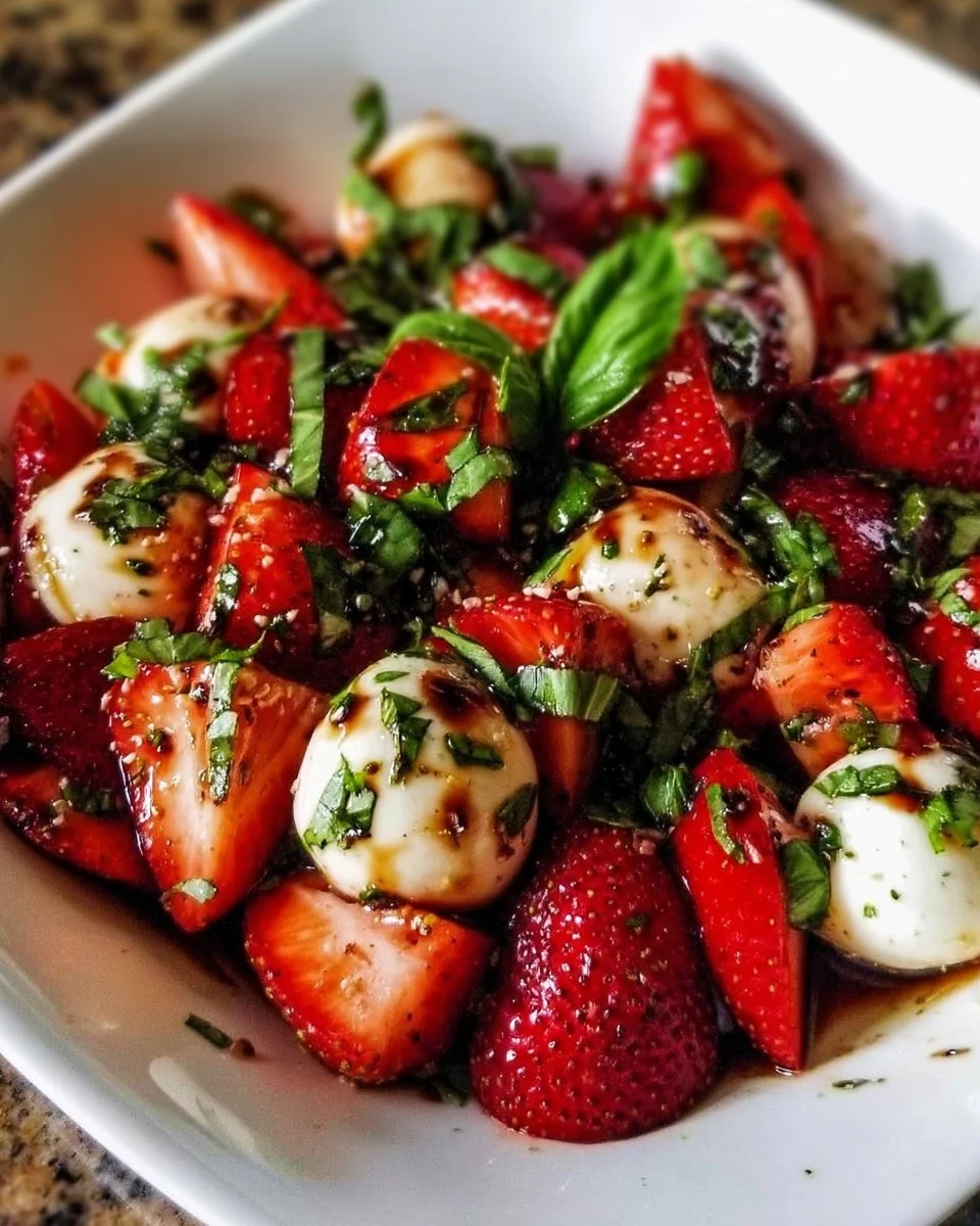 Balsamic strawberry caprese salad with fresh basil and mozzarella