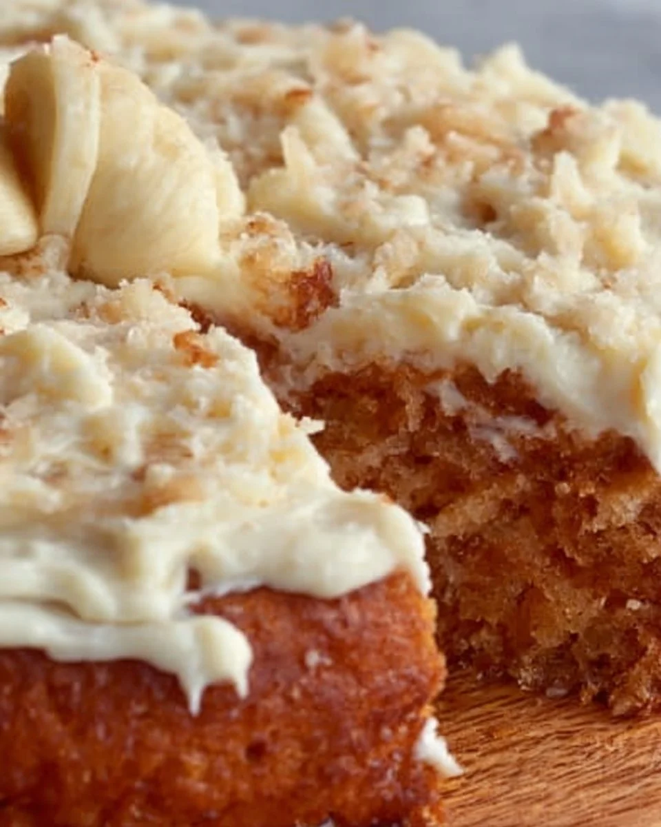 Delicious banana cake topped with cream cheese frosting on a white plate