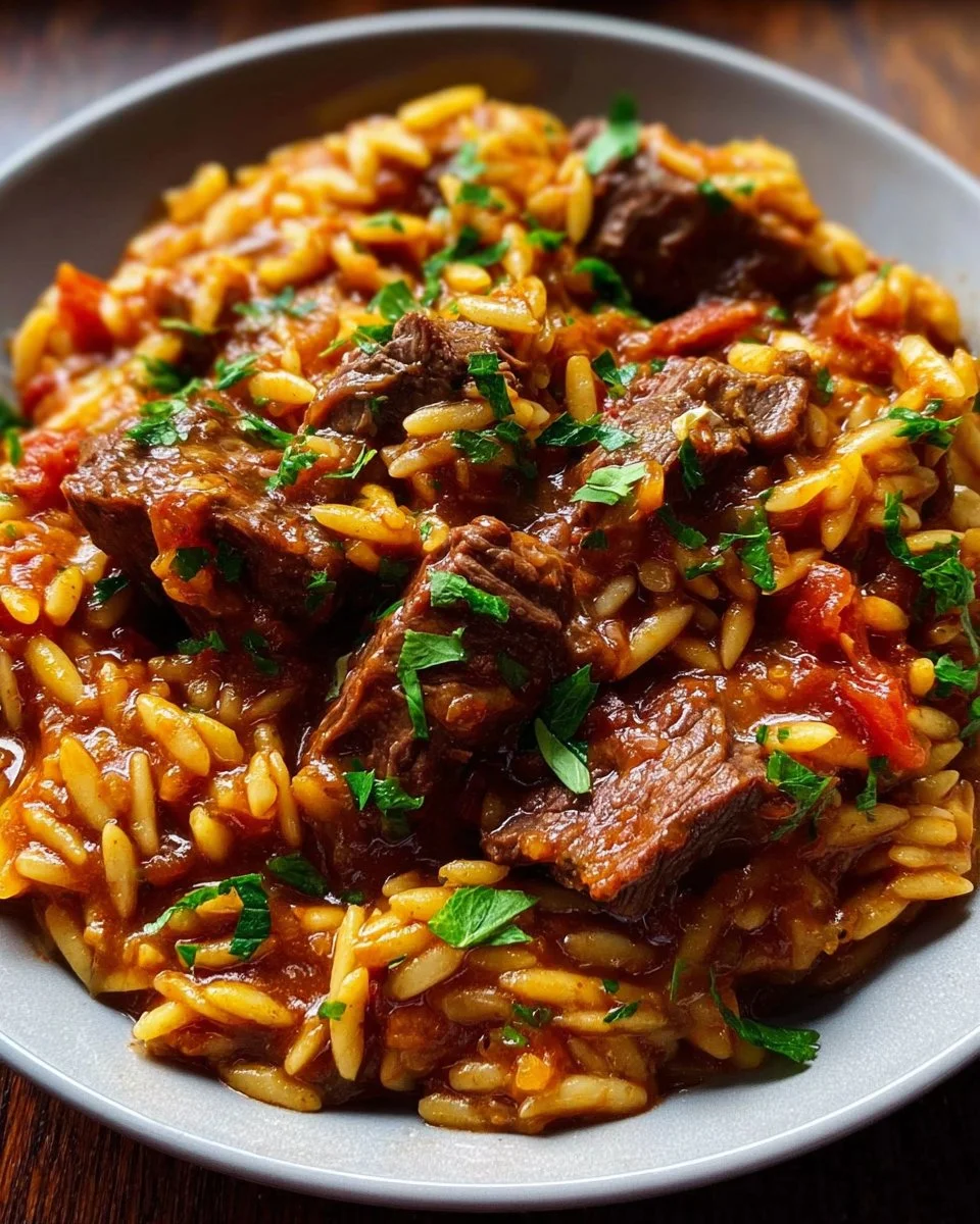 Plate of Beef Giouvetsi featuring braised beef and orzo in a savory sauce