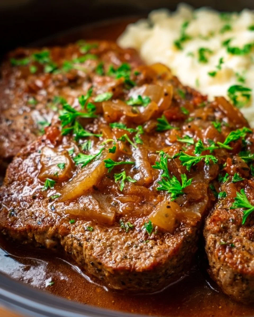 Delicious crock pot cube steak served with gravy and vegetables