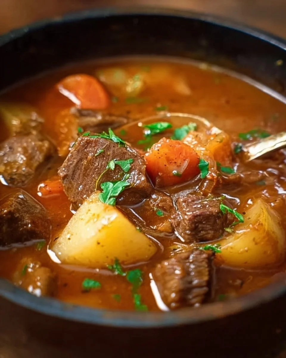 A bowl of best ever one pot beef stew with vegetables and herbs