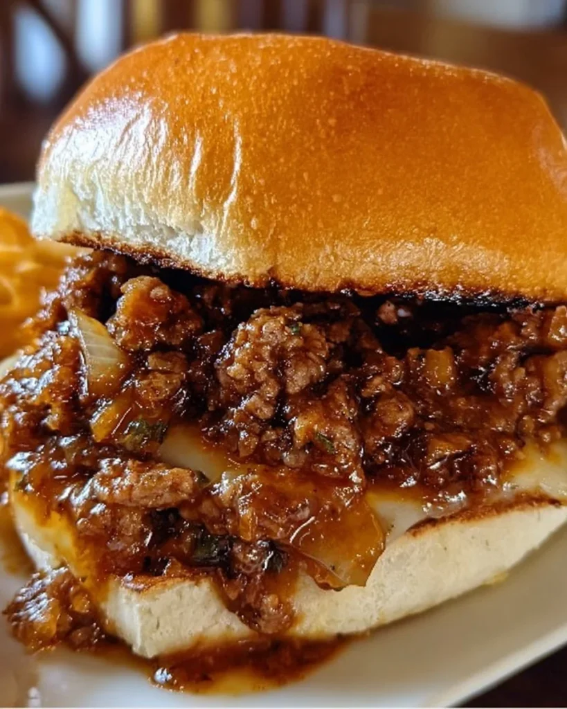 Delicious French Onion Beef Sloppy Joes served on a plate with toppings