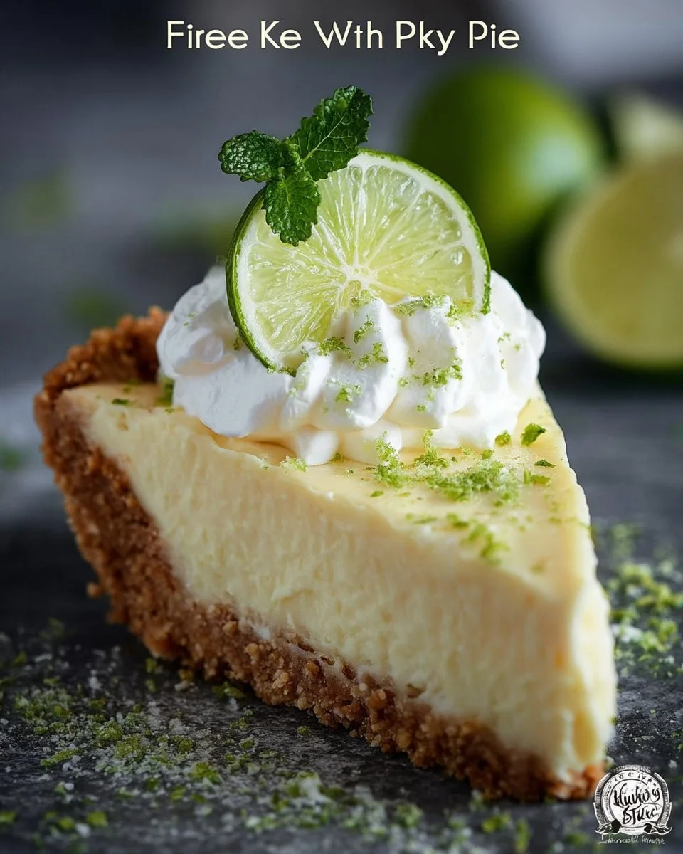 Slice of the best key lime pie with a graham cracker crust and lime garnish