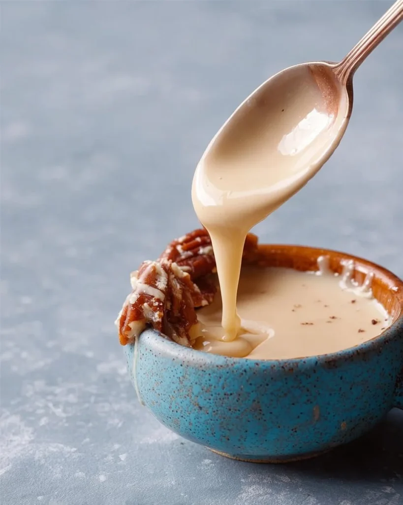 Delicious homemade Maple Cream Sauce drizzled over pancakes and desserts