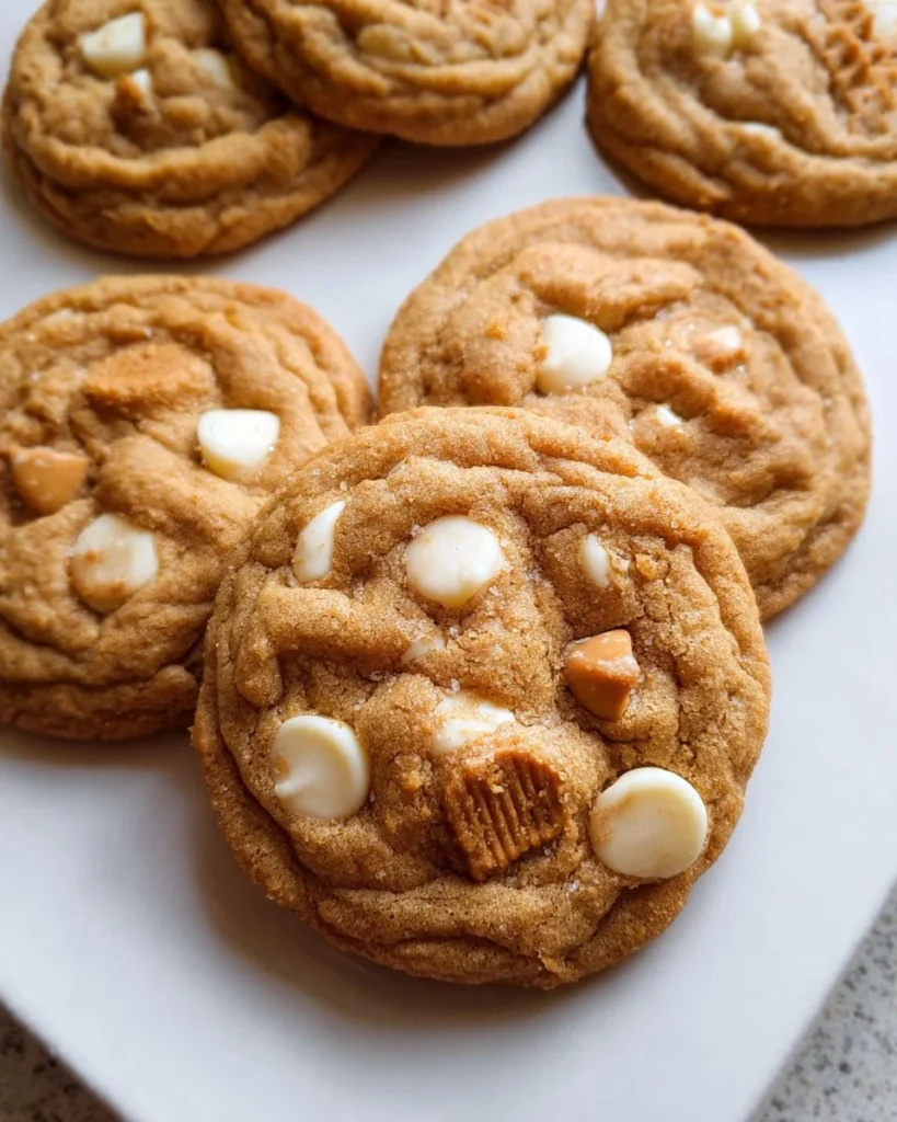 Biscoff cookie butter white chocolate chip cookies fresh out of the oven