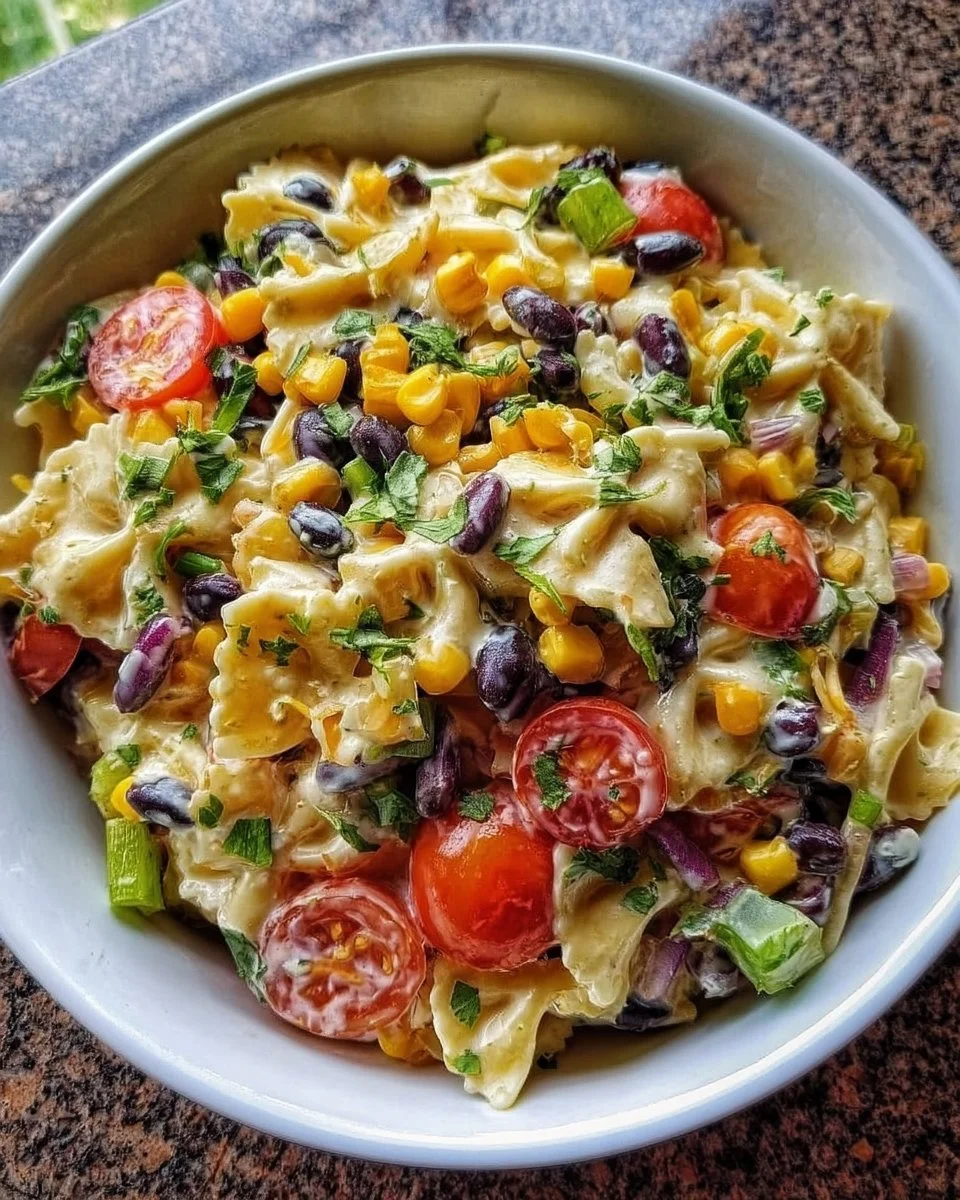 Black Bean and Corn Pasta Salad with Lime Greek Yogurt Dressing served in a bowl
